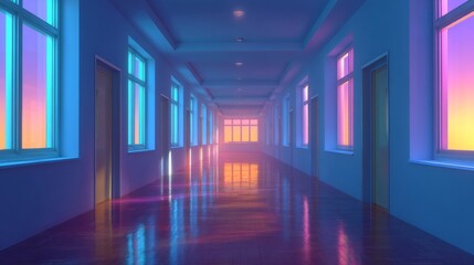 A surreal view of a school corridor with vibrant colors. The long corridor features rows of windows illuminating the space with a gradient of warm and cool tones, creating a dreamlike atmosphere. 