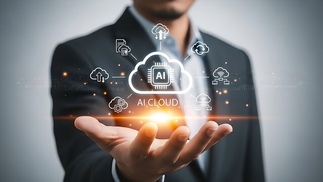 Professional man in suit presenting futuristic ai cloud computing technology network integration with digital connections and glowing - Powered by Adobe