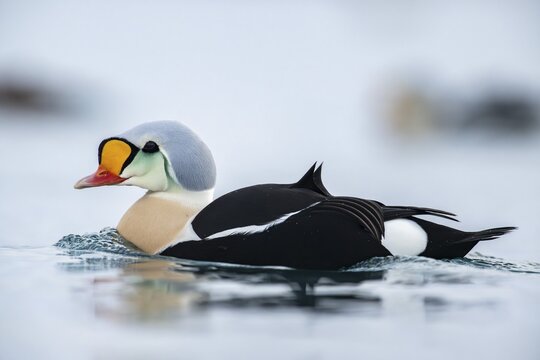 King eider (Somateria spectabilis), also known as King Eider, portrait male, Batsfjord, B&aring;tsfjord, Varanger Peninsula, Finnmark, Northern Norway, Norway