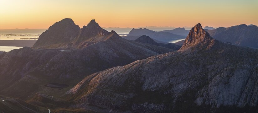 Mountains in the evening light, Helgeland coast near Jektvik, R&oslash;d&oslash;y, Nordland, Norway