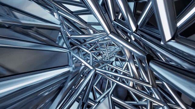 Endless flight through a futuristic, metallic tunnel. Shiny chrome pipes and tubes reflecting light, creating a complex, abstract pattern