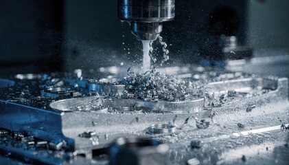 Close medium shot of mist coolant gently washing away curled threading chips showcasing controlled cooling and improved surface finish during milling.