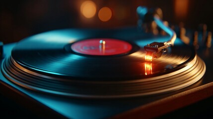 Close-up of a vintage record player playing a vinyl record, capturing the nostalgia of music