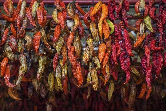 Dried chilli peppers (Capsicum), indoor market, Mercado dos Lavradores, Funchal, Madeira, Portugal
