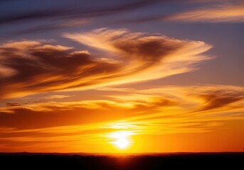 Fototapeta premium Dramatic golden hour scenery featuring vibrant, textured cloud formations illuminated by the intense, glowing light of the setting sun, dramatic, purple, destination