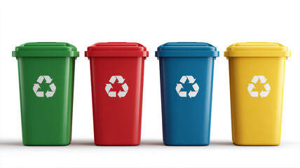 Four colored recycling bins in a row