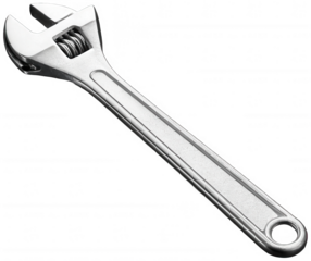 A highly detailed, brushed metal adjustable wrench with a textured handle and a spring-loaded jaw mechanism, angled diagonally against a , showcasing its, isolated on transparent background.
