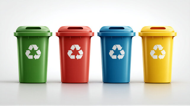Four colored recycling bins with recycling symbols