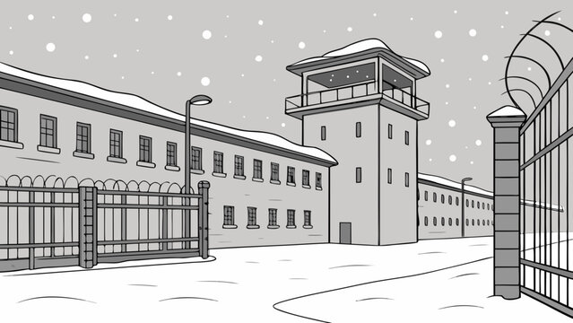 A bleak winter day at a correctional facility with heavy snowfall covering the grounds and buildings