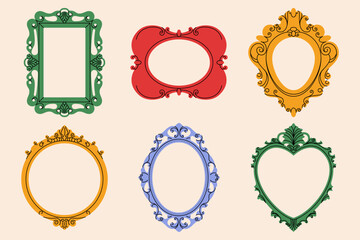 Vintage mirror frames. Antique empty photo frame with ornaments, modern retro baroque rococo decorative borders different shapes, elegant mirrors flat style. Vector isolated set