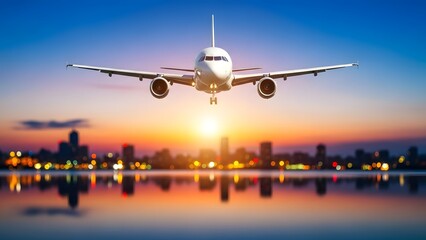 Fototapeta premium Airplane Landing at Sunset Airport Runway