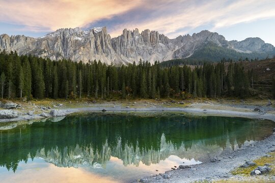 Karersee, Lago di Carezza, in front of Latemar Mountains, Dolomites, South Tyrol, Trentino-Alto Adige, Italy