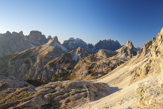 View from the Three Peaks Hiking Trail, Three Peaks Hut, Dolomites, South Tyrol, Trentino-Alto Adige, Italy
