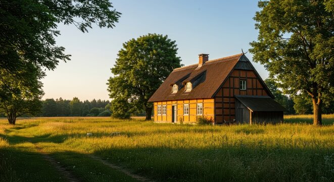 Rotes Landhaus mit einem charakteristischen Zinkdach in warmer Nachmittagssonne. Traditionelle Architektur und l&auml;ndliche Idylle, Wohnhaus, Zuhause, Fassade