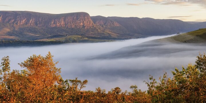 Early morning fog over valleys and mountains, Serra da Canastra, Minas Gerais state, Brazil