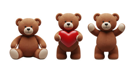 Brown teddy bears, sitting, holding heart, waving, isolated on transparent background