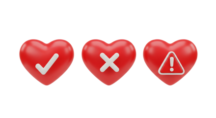 Red hearts with checkmark, cross, and warning signs, isolated on transparent background