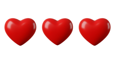 Red hearts, shiny and glossy, isolated on transparent background