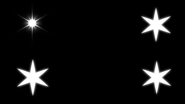 Magical twinkling stars animation with glitter shimmer, white cartoon flat vector doodle stars blinking on black screen background, night sky motion graphics with alpha channel 4K