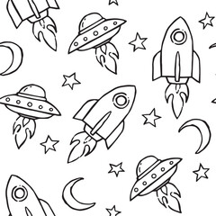 Cute vector doodle print for kids on the theme of space travel seamless pattern © Rive
