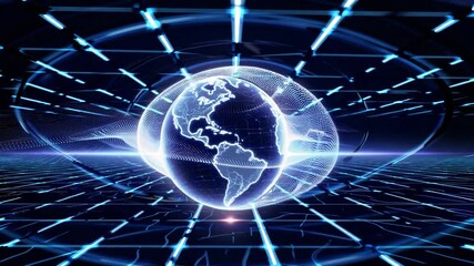 Luminous digital earth globe slowly spinning inside a futuristic data grid. A blue particle wave flows around the planet in cyberspace - Powered by Adobe