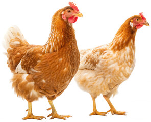 Two realistic, reddish-brown Rhode Island Red chickens with detailed feather textures and alert expressions stand facing slightly different directions,, isolated on transparent background.