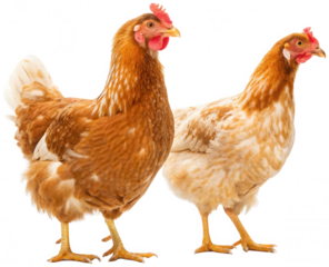 Two realistic, reddish-brown Rhode Island Red chickens with detailed feather textures and alert expressions stand facing slightly different directions,, isolated on transparent background.