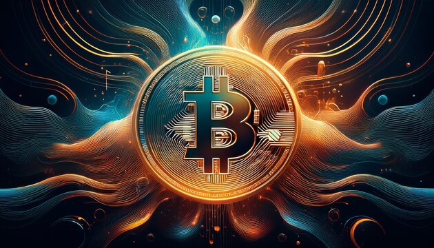 abstract representation of cryptocurrency with bitcoin symbol and flowing lines - Powered by Adobe