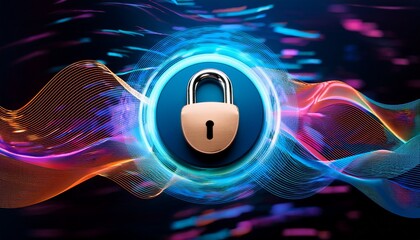 modern digital lock surrounded by colorful waves