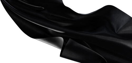 Abstract and elegant black fabric, flowing and textured, on a white background, perfect for adding...