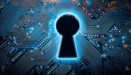 close up of a keyhole on an abstract circuit board symbolizing digital security and protection