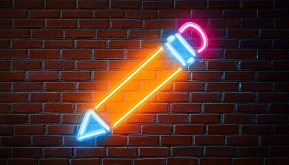 bright neon pencil light sign hanging on brick wall for creative and educational purpose display