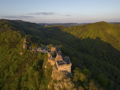 Drone shot of Aggstein Ruin in the evening light, Wachau, Sch&ouml;nb&uuml;hel-Aggsbach, Lower Austria, Austria