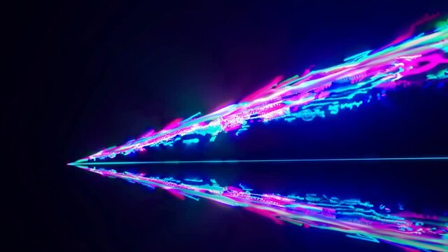 Colorful glowing triangular shape moving through a dark void. Hypnotic animation of an abstract neon arrow with a long trail and reflection