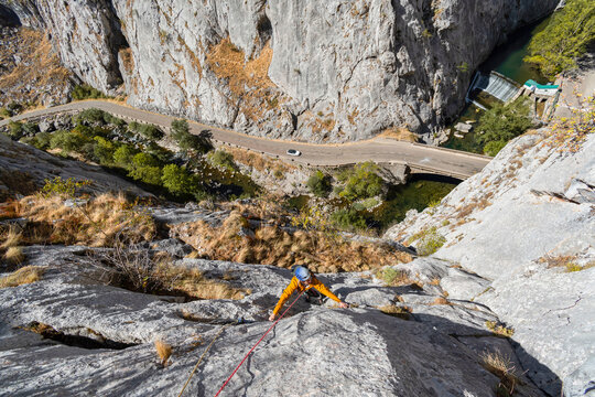 Adventure climb on a scenic mountain view