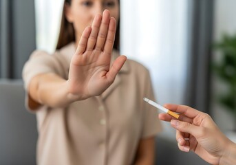 A woman refuses a cigarette offered to her, symbolizing the rejection of smoking and a commitment to a healthy lifestyle.