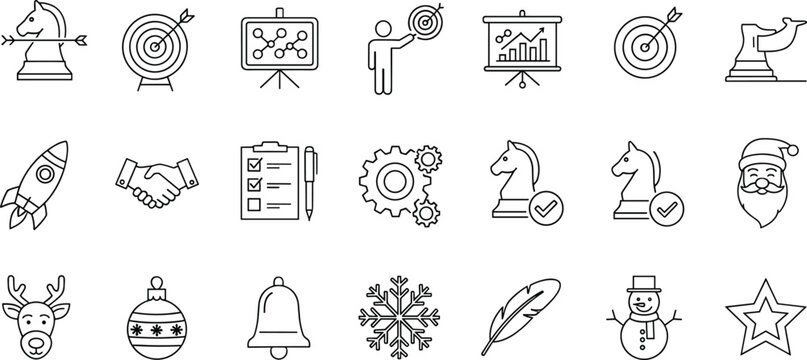 Vector illustration of business, strategy, and holiday icon collection with chess, trophy, graph, snowflake, rocket, Santa, and presentation symbol design