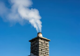 Plumes of white smoke emerging from the top of a traditional stone chimney, set against a clear blue sky, suggesting comfort, warmth, and a burning hearth below, seasonal, home, energy