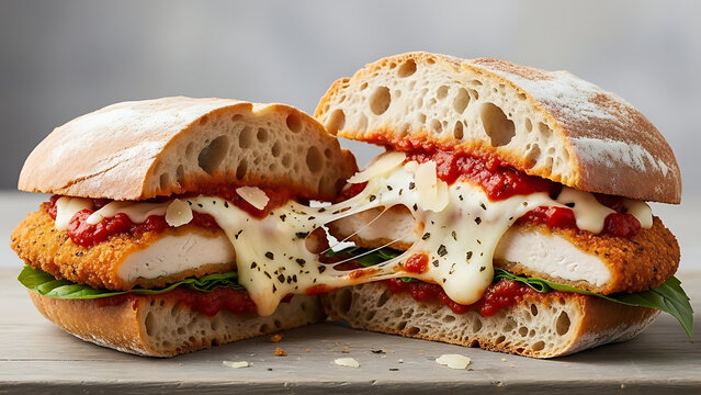 Delicious chicken parmesan sandwich cut in half on rustic bread with melted mozzarella cheese and marinara sauce, close-up studio shot.
