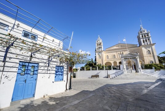White Cycladic house and church Agia Triada, Lefkes, Paros, Cyclades, Greece