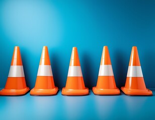 bright orange traffic cones aligned on sleek blue background for safety and construction themes