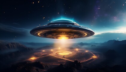 ufo encounter space concept art dark background aerial view extraterrestrial exploration