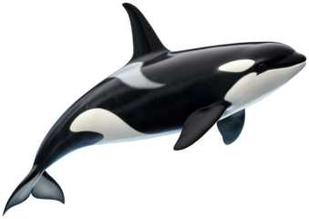 A sleek, digitally rendered orca whale with a distinctive black and white coloration and a smooth, glossy surface, gracefully swimming diagonally across a, isolated on transparent background.