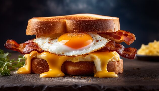 a realistic photo of a breakfast sandwich with egg bacon and melted cheese