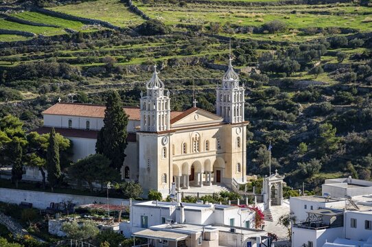 View over the village of Lefkes with the church of Agia Triada, Church of the Holy Trinity of Lefko, Lefkes, Cyclades, Greece