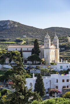 View over the village of Lefkes with the church of Agia Triada, Church of the Holy Trinity of Lefko, Lefkes, Cyclades, Greece
