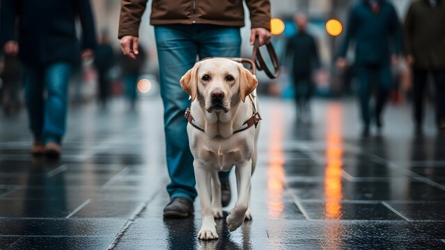 A guide dog walking on a wet city street with its owner