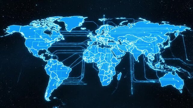 A digital blue world map vector illustration representing a global communication network and internet technology concept featuring earth continents on a stylized planet background