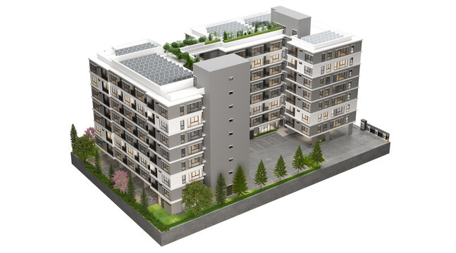 High-angle 3D rendering of a modern residential apartment building featuring solar panels on the roof, green terrace, and parking area. Isolated on white background.