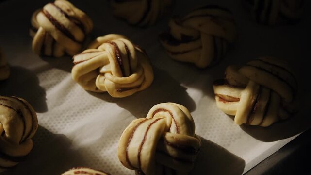 Fresh Scandinavian cardamom and cinnamon buns on baking sheet before baking. Morning pastry preparation, professional artisan bakery process.